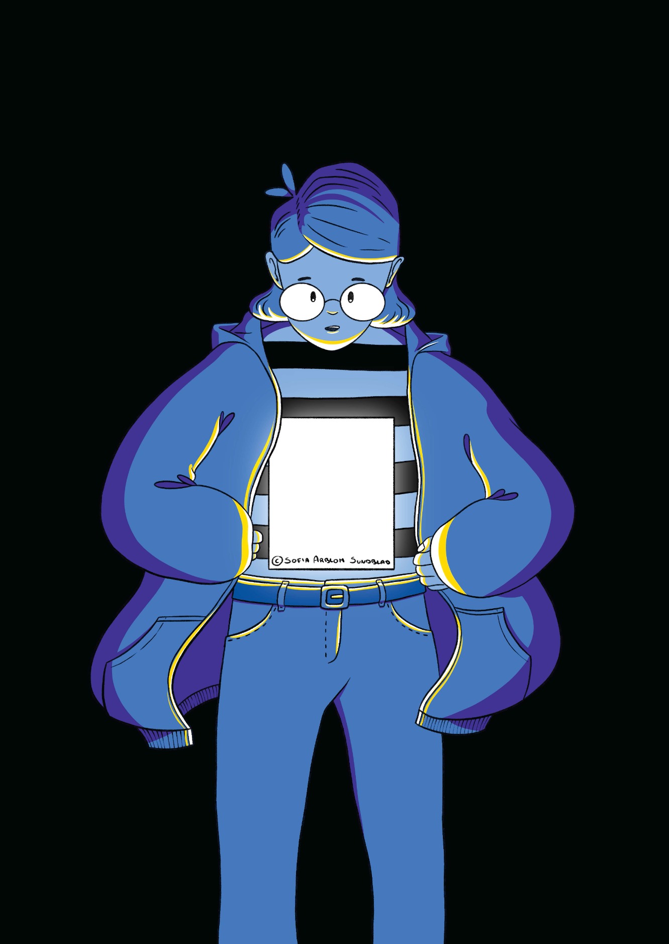 Illustration som föreställer en blå person med glasögon och en lysande skärm på magen